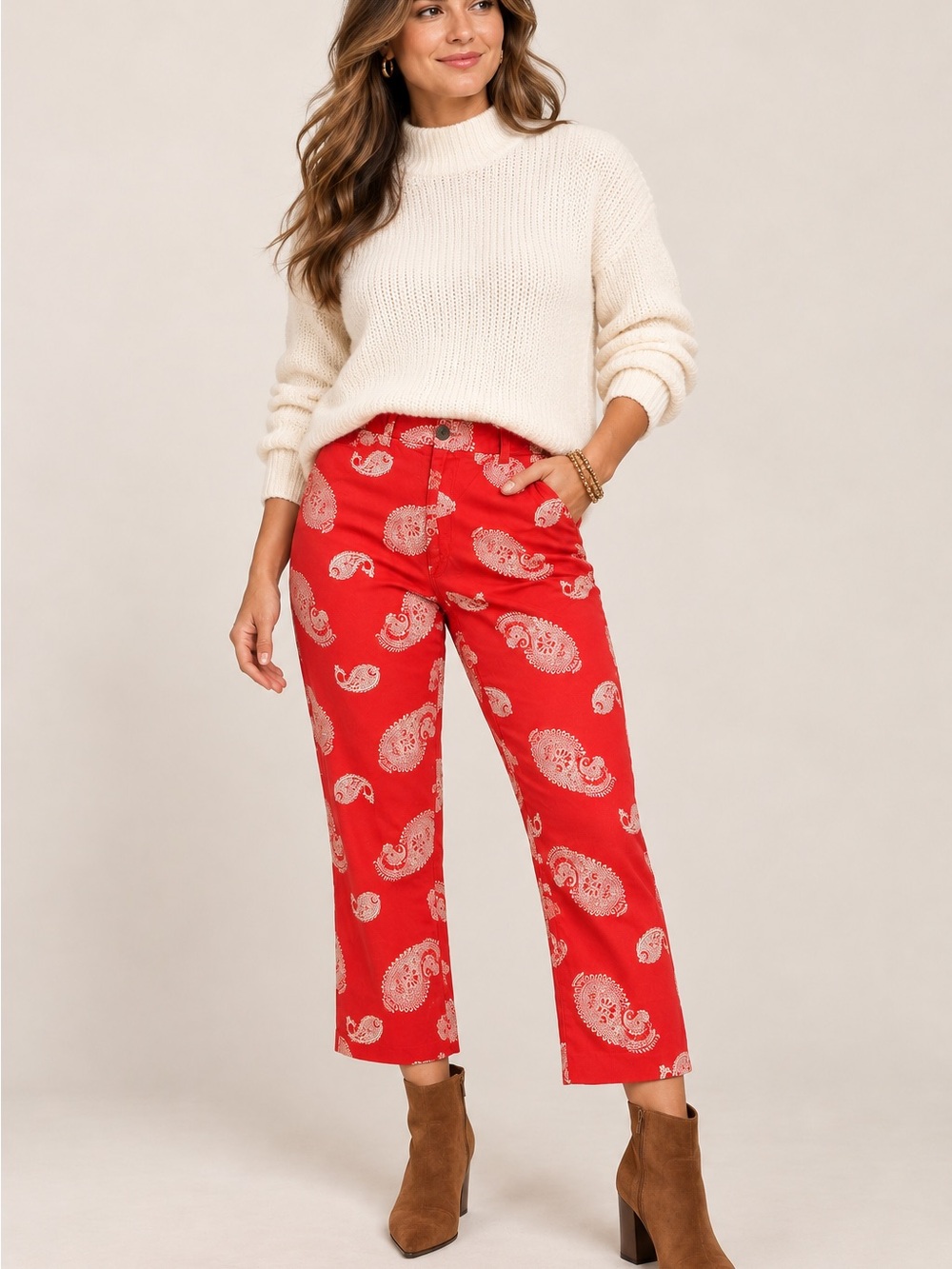 Lands' End Red Paisley Cropped Straight-Leg Pants 100% cotton